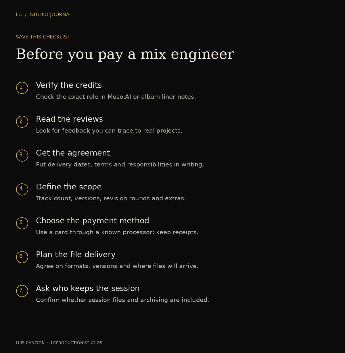 Seven-point checklist: verify credits, read reviews, get an agreement, define scope, choose payment method, plan delivery and ask who keeps the session.