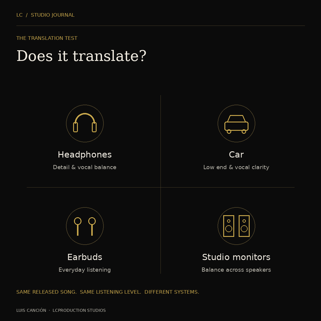 Does it translate? Check the same released song on headphones, in the car, on earbuds and on studio monitors.