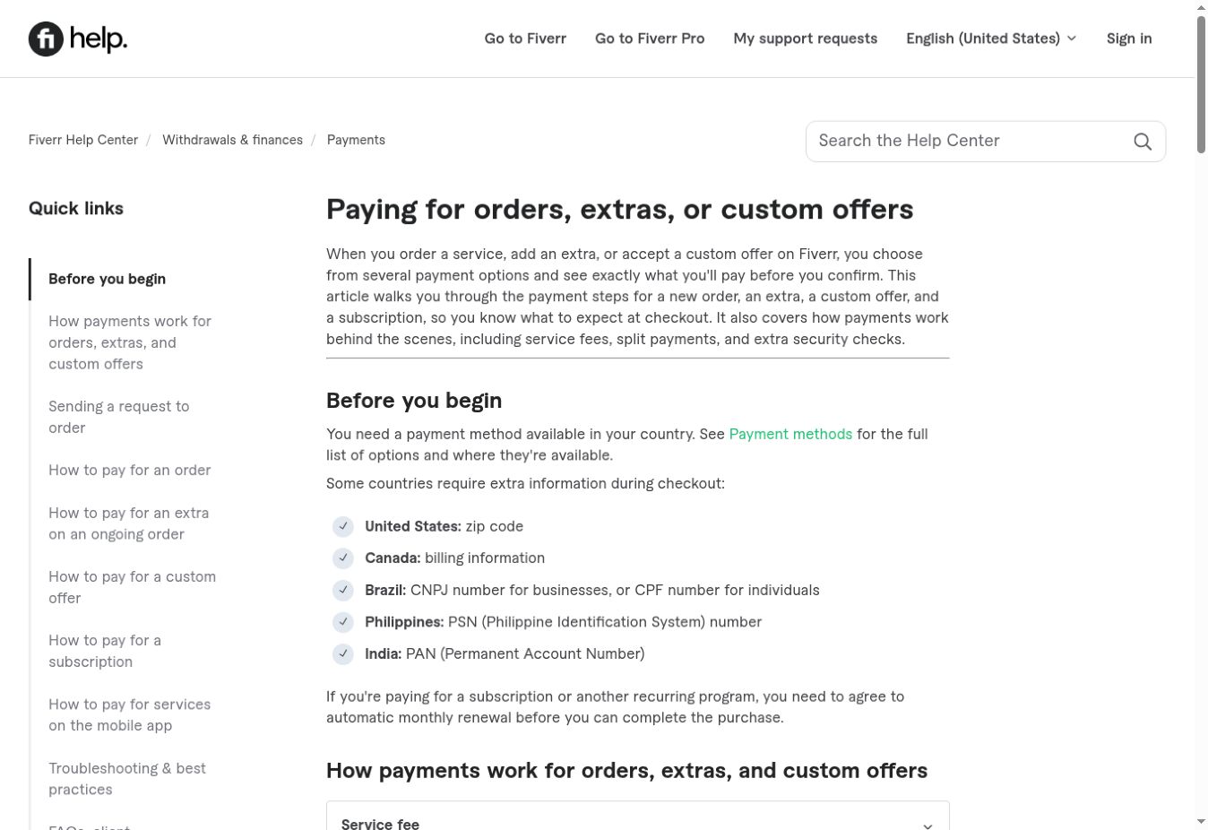 Fiverr’s public help article about paying for orders, extras and custom offers.