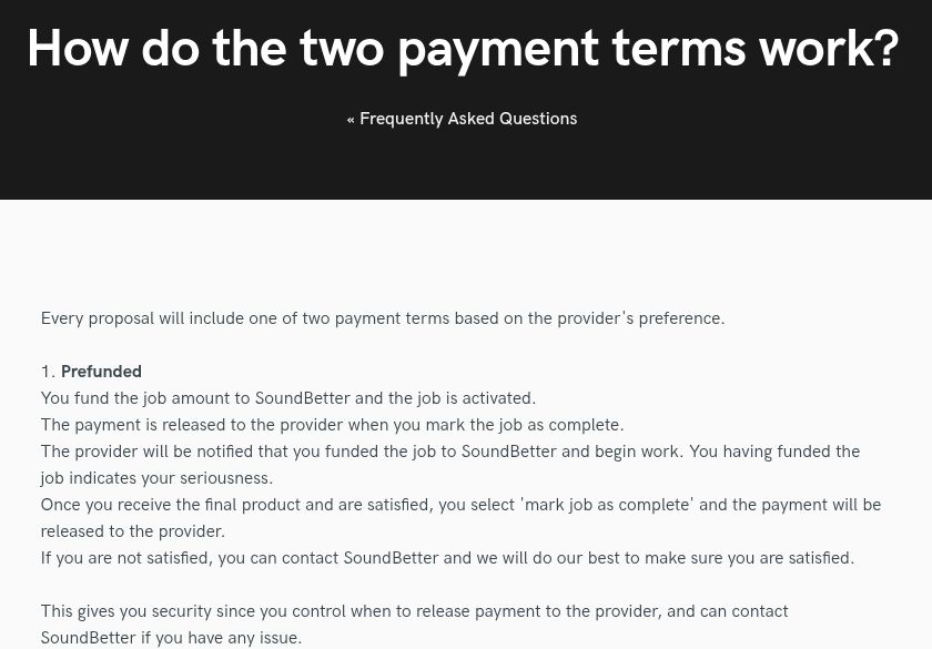 Public SoundBetter FAQ showing Prefunded and Premium-provider 50/50 payment terms.